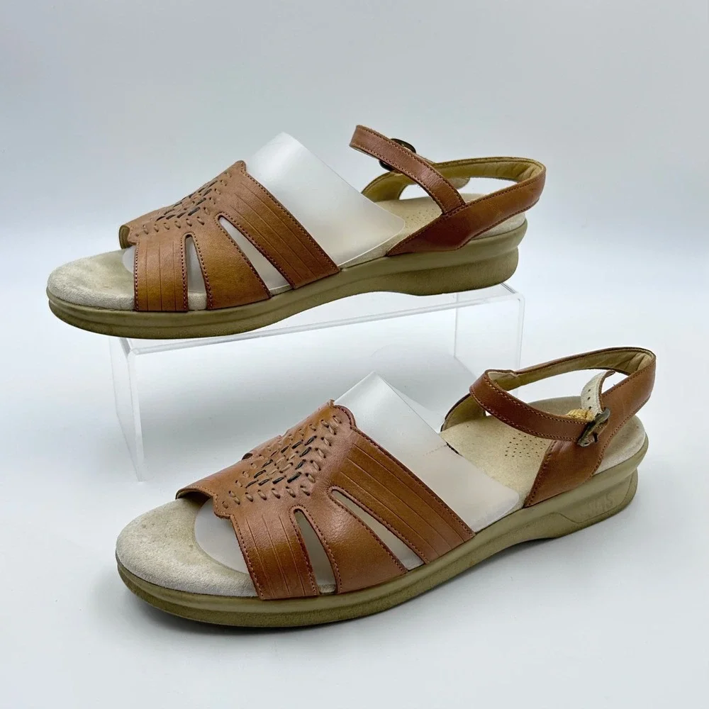 SAS‎ Tripad Comfort Sandals Womens 9.5 Slim Brown Leather Laser Cut Slingback 7A